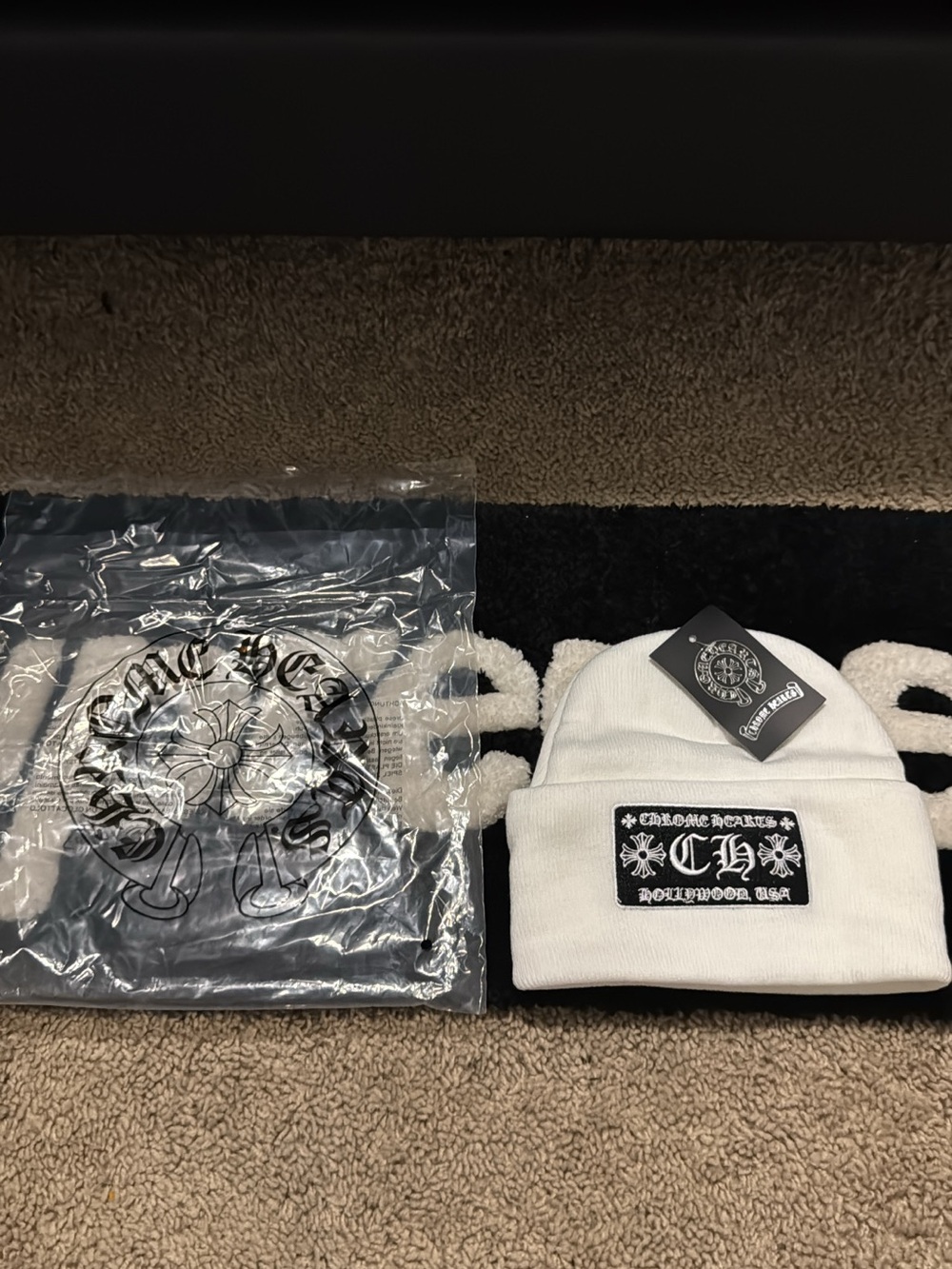 Chrome Hearts White Knit Beanie with Black CH Patch